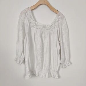 In-vain Women's White Square Neck Puff Sleeve Blouse Size Large Crochet Cotton